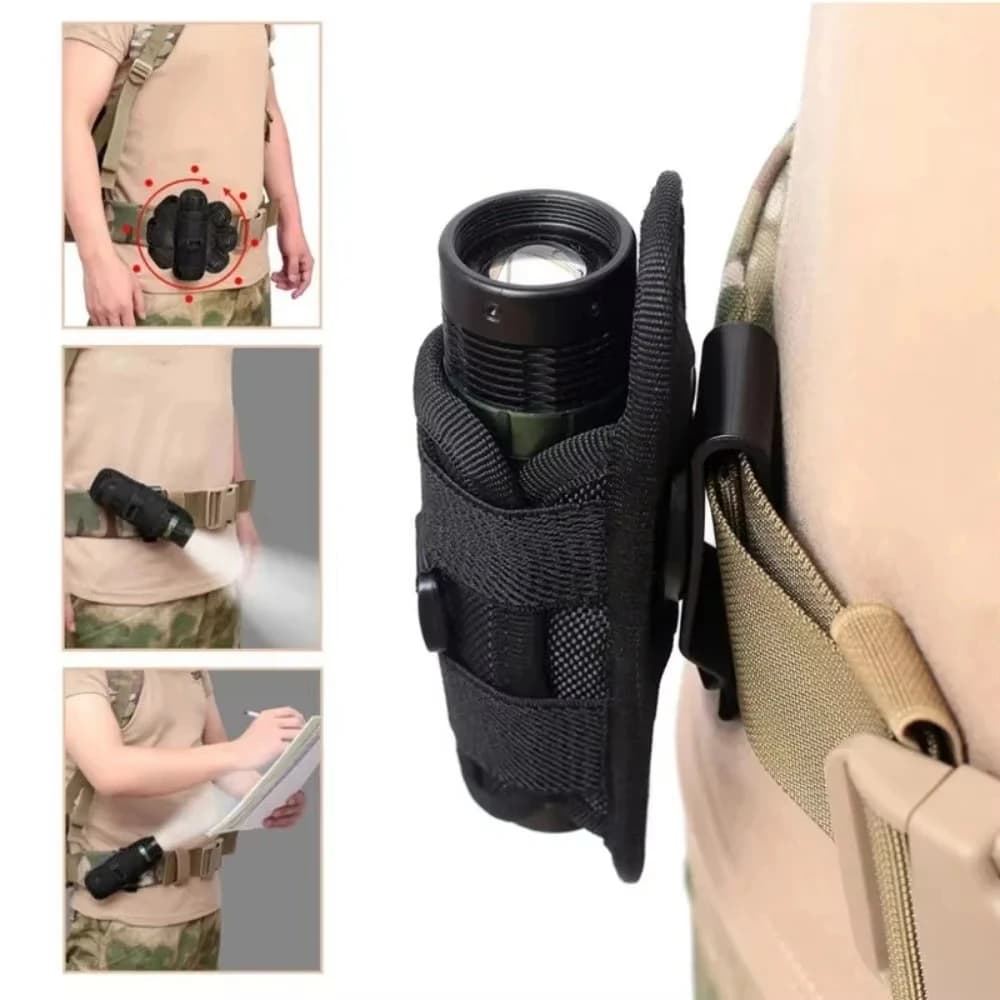 Fondina per Torcia Tattica con Supporto Girevole e Clip da Cintura - Moschettone a 360 Gradi per Trasporto Torcia Tattica