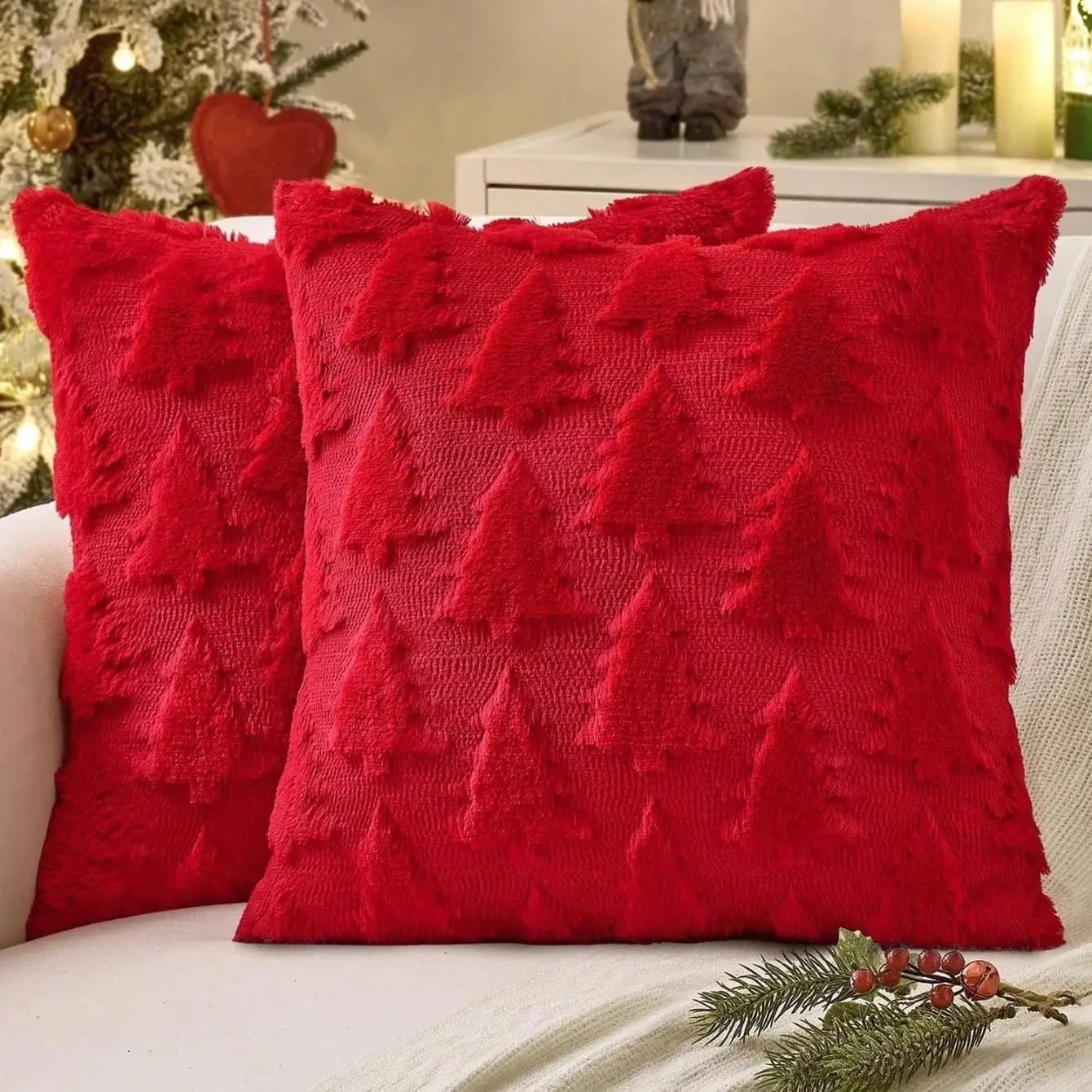 2pcs Christmas Throw Pillow Covers, Red Christmas Decorations,18x18 Pillow Covers Soft Plush Faux Wool Pillowcases Holiday Festivals Winter Home Decor Sofa Couch Bed Porch,Room Decor,Christmas Decrotions,Fall Decor,Halloween Decor