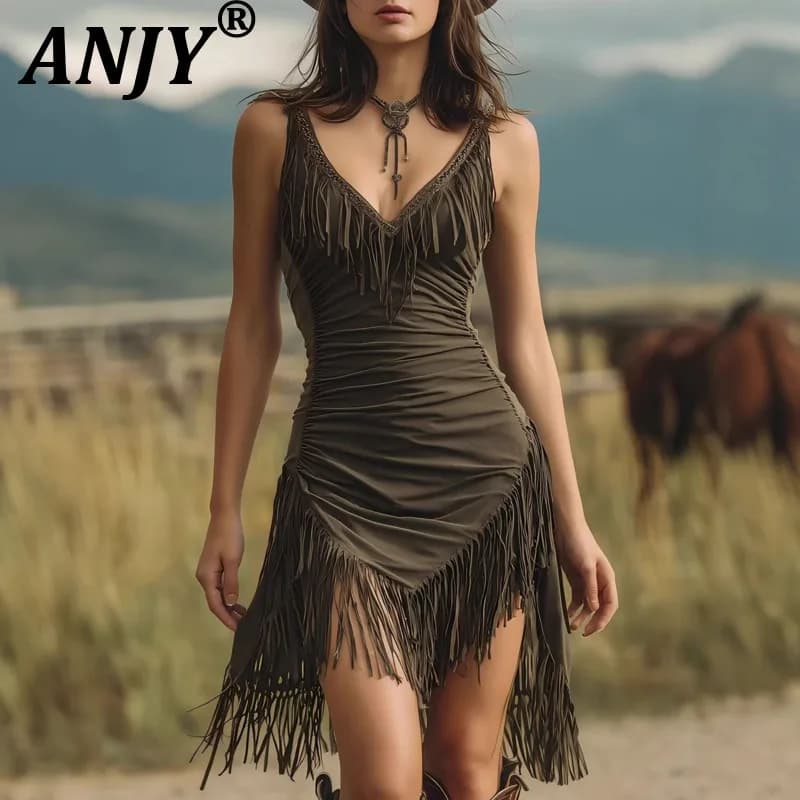 ANJY Nuovo Abito Estivo da Donna Sexy con Nappe, Scollo a V, Senza Maniche, Vestito Slim a Canotta, Tendenza, Pieghettato, Tinta Unita, Linea ad A, con Bretelle, Gonna A21775