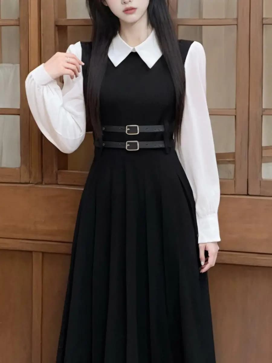 Slimming Waist Belted Fake Two-Piece Dress Elegant Autumn Long Sleeve Midi Skirt A-Line Silhouette High Waist Polka Dot Print