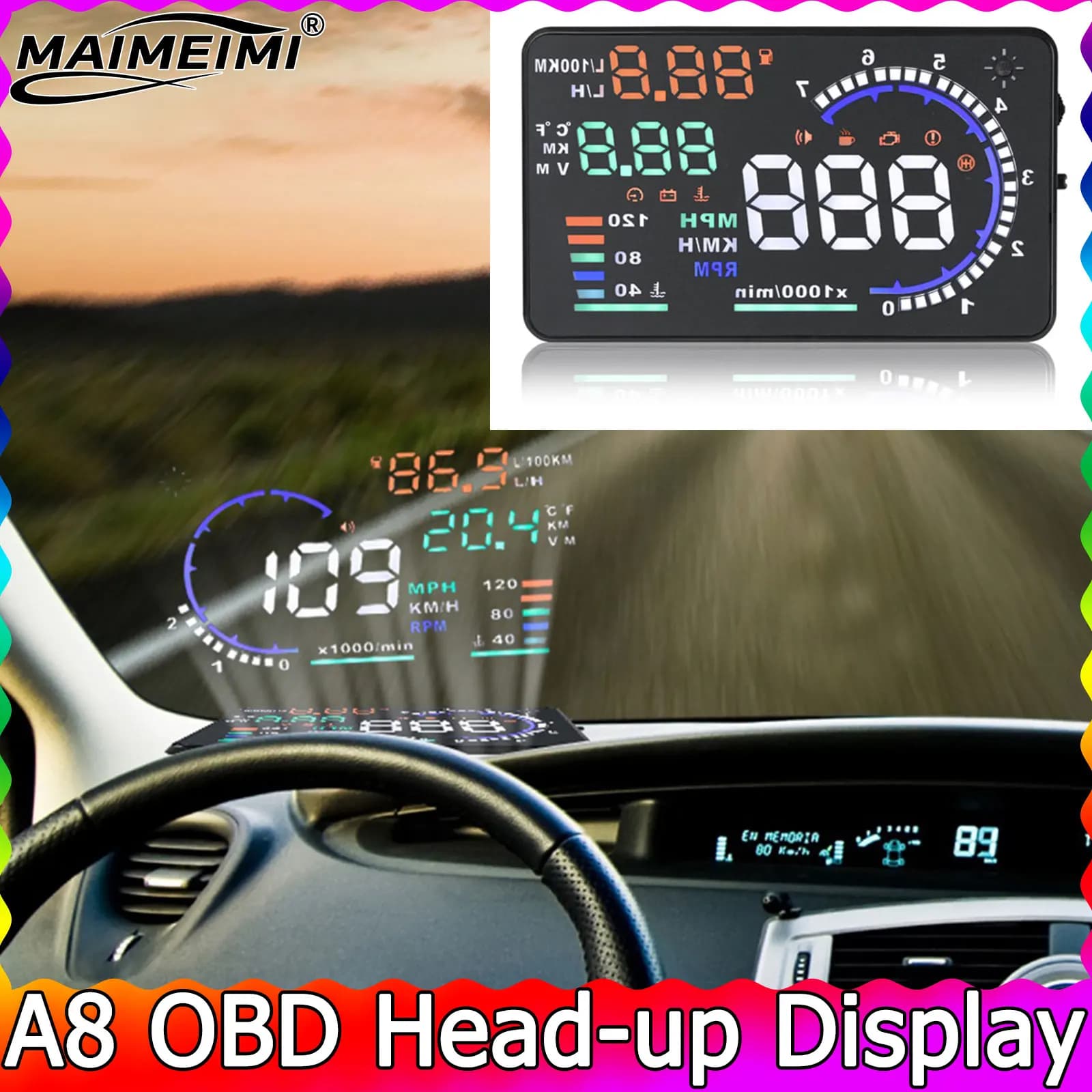 Proiettore per parabrezza Tachimetro A8 OBD2 EOBD HUD Car Head Up Display LED Temperatura dell'acqua RPM Misuratore di velocità Allarme tensione