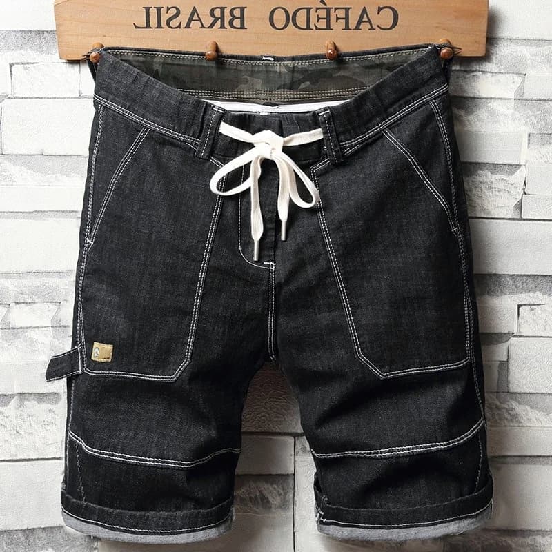 Summer New Loose Fit Five-Quarter ort Jeans Men's Thin Bla Elastic Waist Corduroy Casual Straight Leg Jeans orts