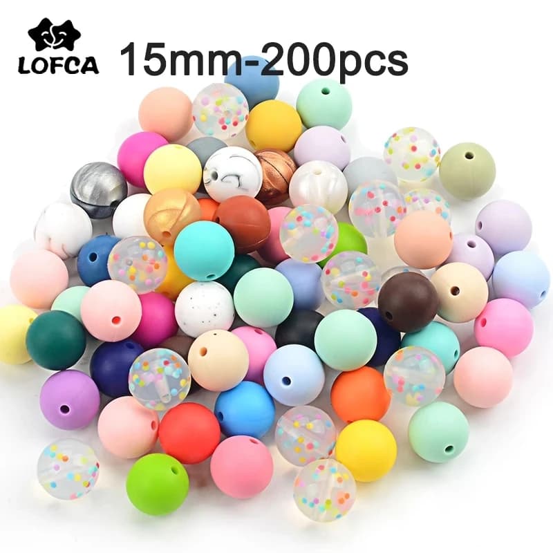 LOFCA 15 millimetri 200pcs Perle di silicone di grado alimentare Rotondo Massaggiagengive Perline Bambino Masticabili Perline Dentizione Ciuccio Pendente Realizzazione di Accessori
