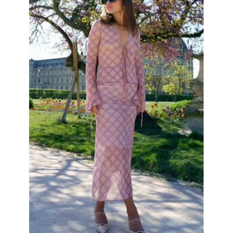 Abito casual da donna con stampa rosa con scollo a V e lacci, camicetta ampia, gonna lunga dritta, set di abiti per le vacanze primaverili ed estive