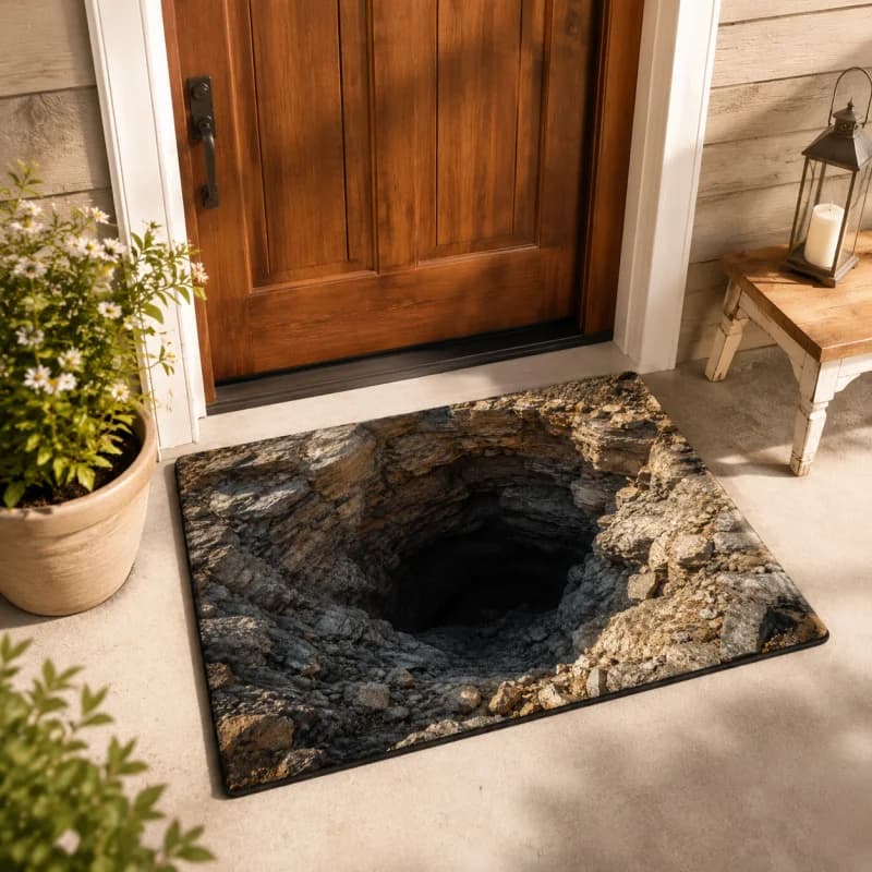 VIKAMA 3D Illusion Hole Doormat Rock Pit Optical Print Water Resistant Easy Clean Outdoor Entrance Non Slip Floor Mat