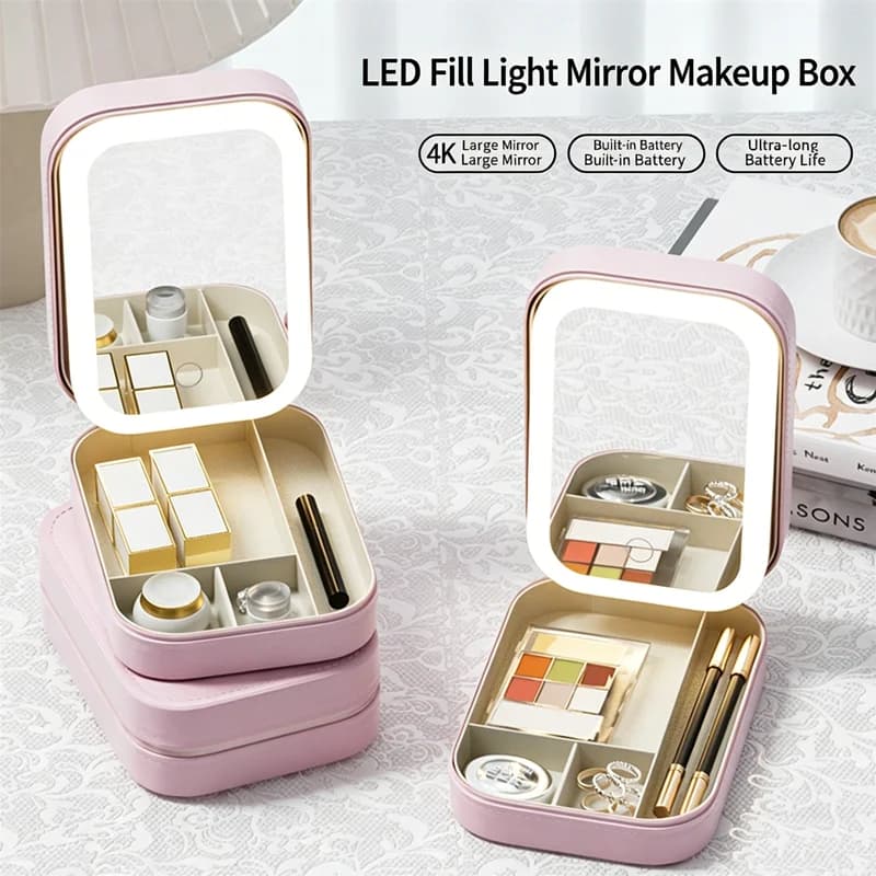 Scatola portaoggetti per cosmetici con specchio per il trucco, organizer per gioielli, borsa portatile per pennelli da trucco, rossetti e matite per sopracciglia