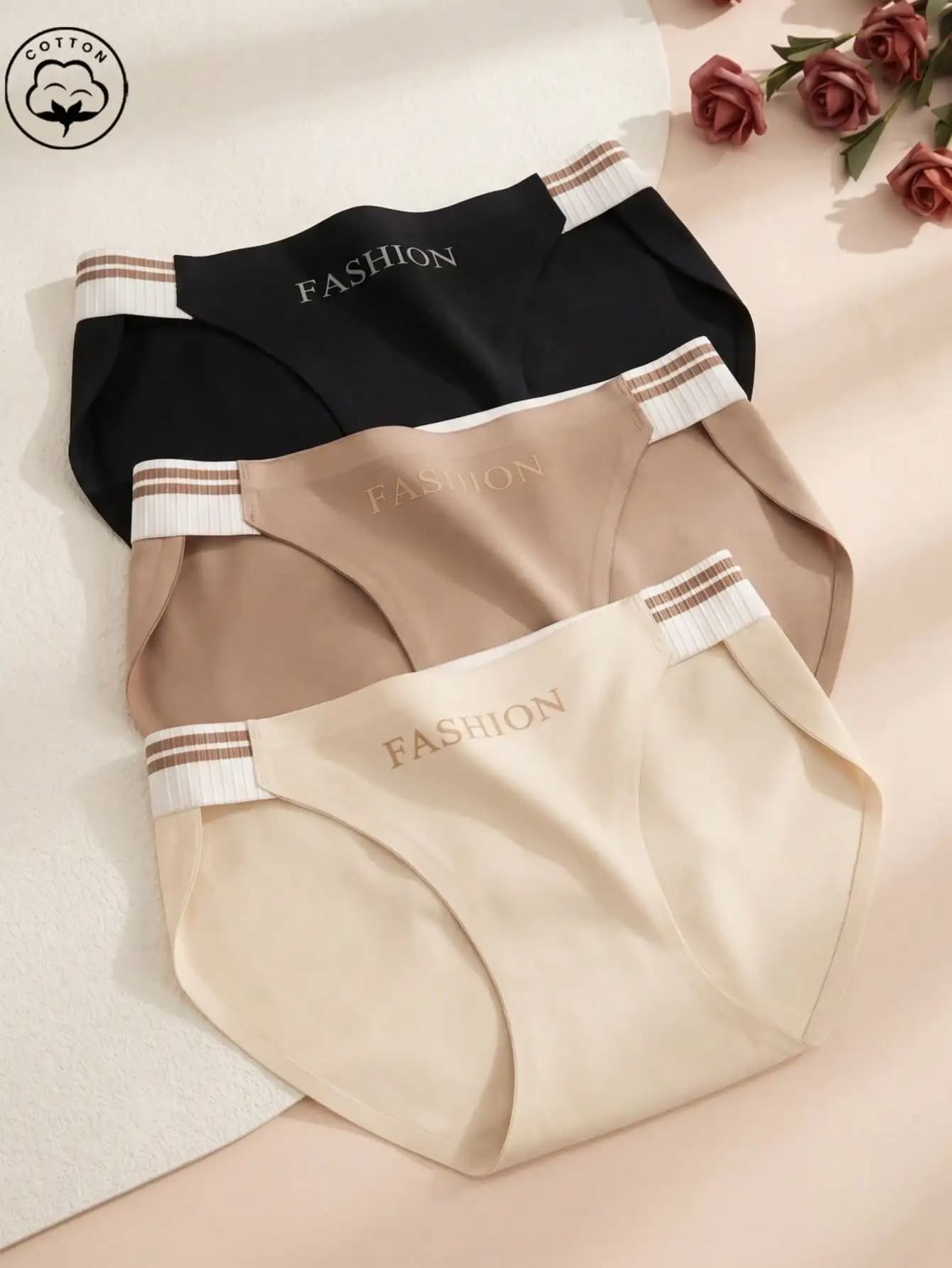 3PCS Women Mid Rise Briefs, Letter Print Striped Waistband Solid Color Basic Underwear Triangle Panties For La