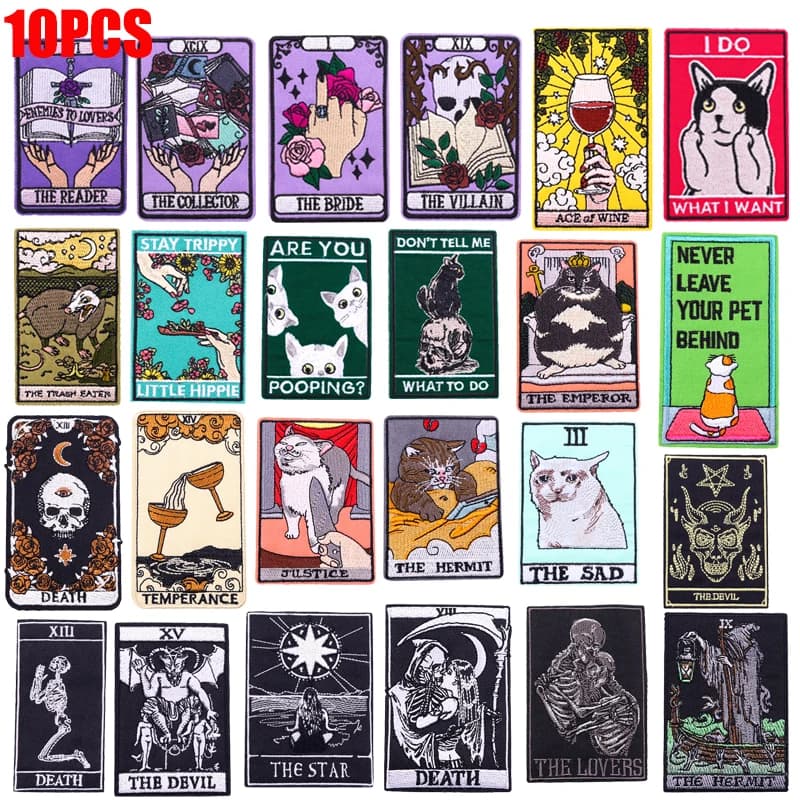 10 pz/lotto all'ingrosso tarocchi carta patch ricamo patch punk/animale gatto patch ferro sulle toppe per abbigliamento toppe termoadesive
