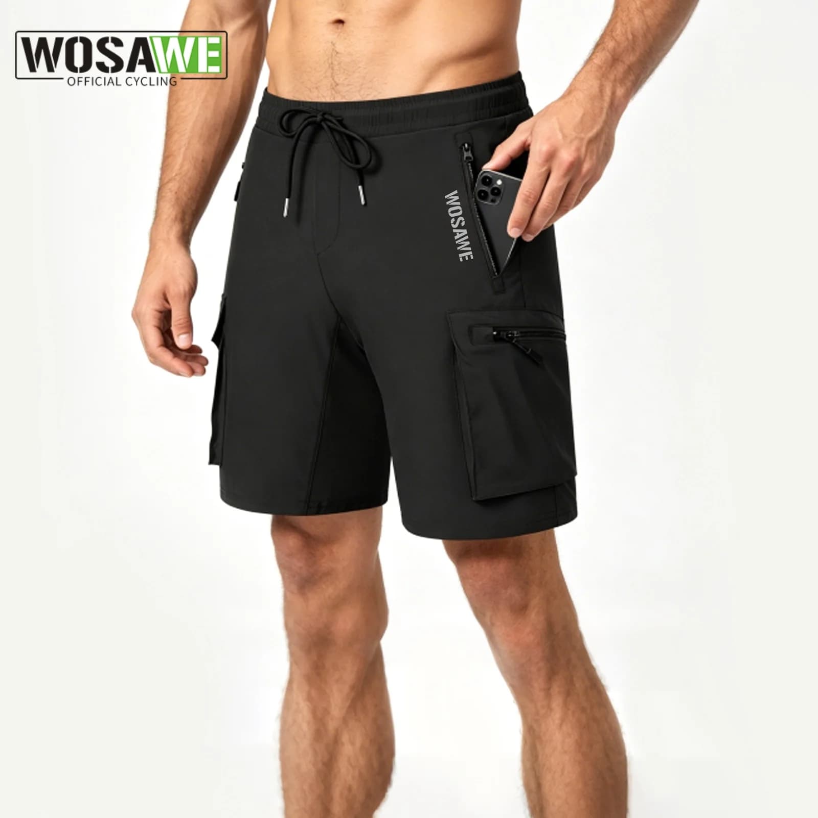 WOSAWE Men's 2 in 1 Cycling Shorts MTB Mountain Bike Padded Shorts Breathable Cargo Bicycle Riding Shorts with 4 Pockets