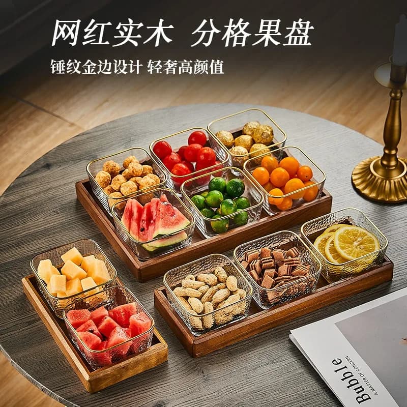 Scatola porta snack in noce, vassoio per frutta secca in vetro di lusso leggero, piatto a griglia per dolcetti e caramelle