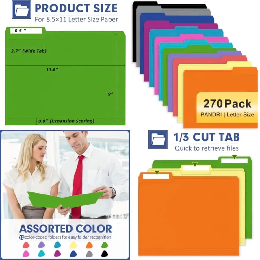 Cartelle Portadocumenti, Confezione da 270 Cartelle Colorate, Linguetta a 1/3, Formato Letter, Cartelle per Ufficio, Scuola e Aziende