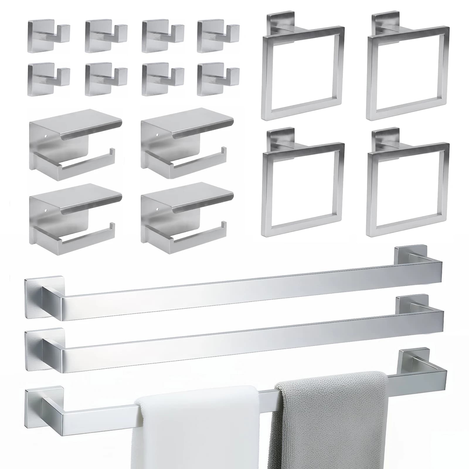 Set di 20 Accessori da Bagno in Acciaio Inox da Parete: Portasciugamani, Anello Portasciugamani, Porta Carta Igienica, Gancio e Kit Completo