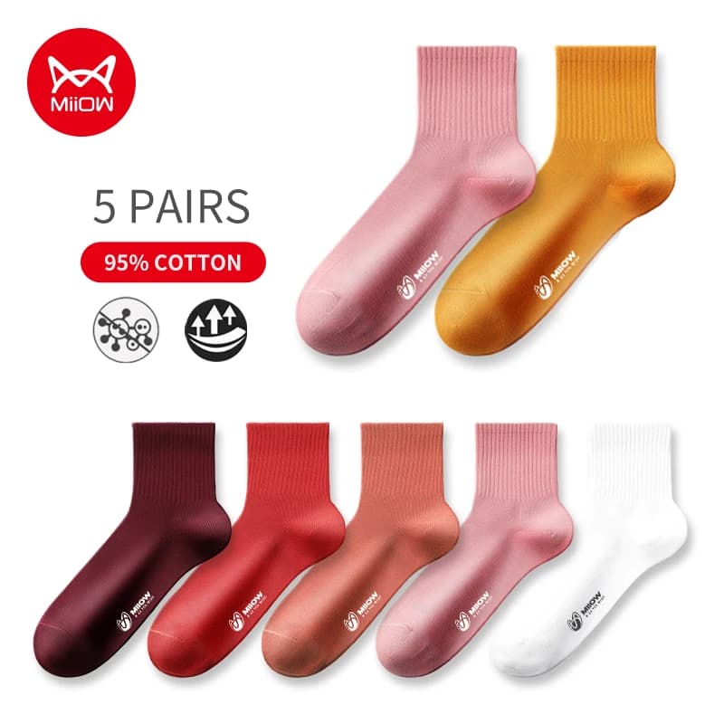 MIIOW 5 pairs of medium tube socks for knitwear cotton Harajuku brand antibacterial socks for leisure girls cute white socks deodorant