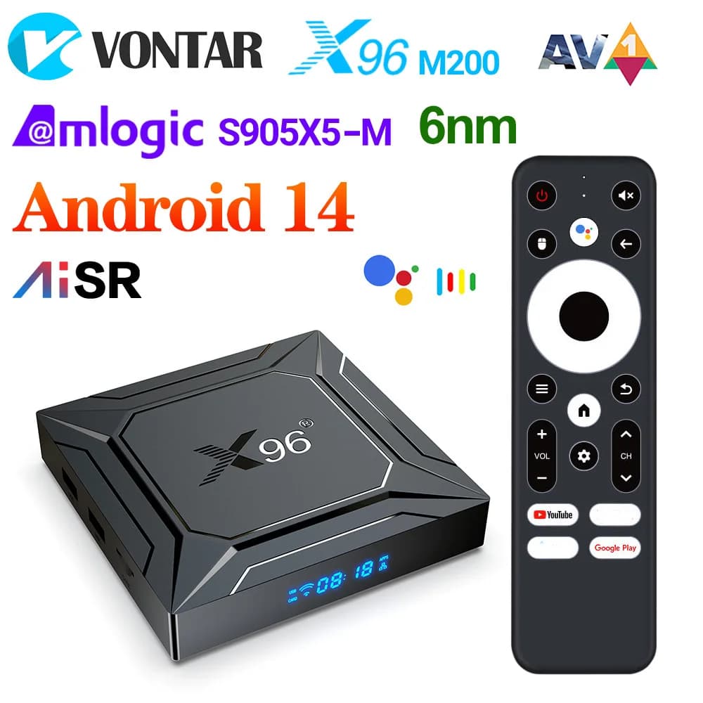 X96 M200 TV Box Android14 Amlogic S905X5M (S905A) Quad Core ARM Cortex A55 Supporto AI-SR AV1 4K HD 1000M LAN Wifi BT Set Top Box