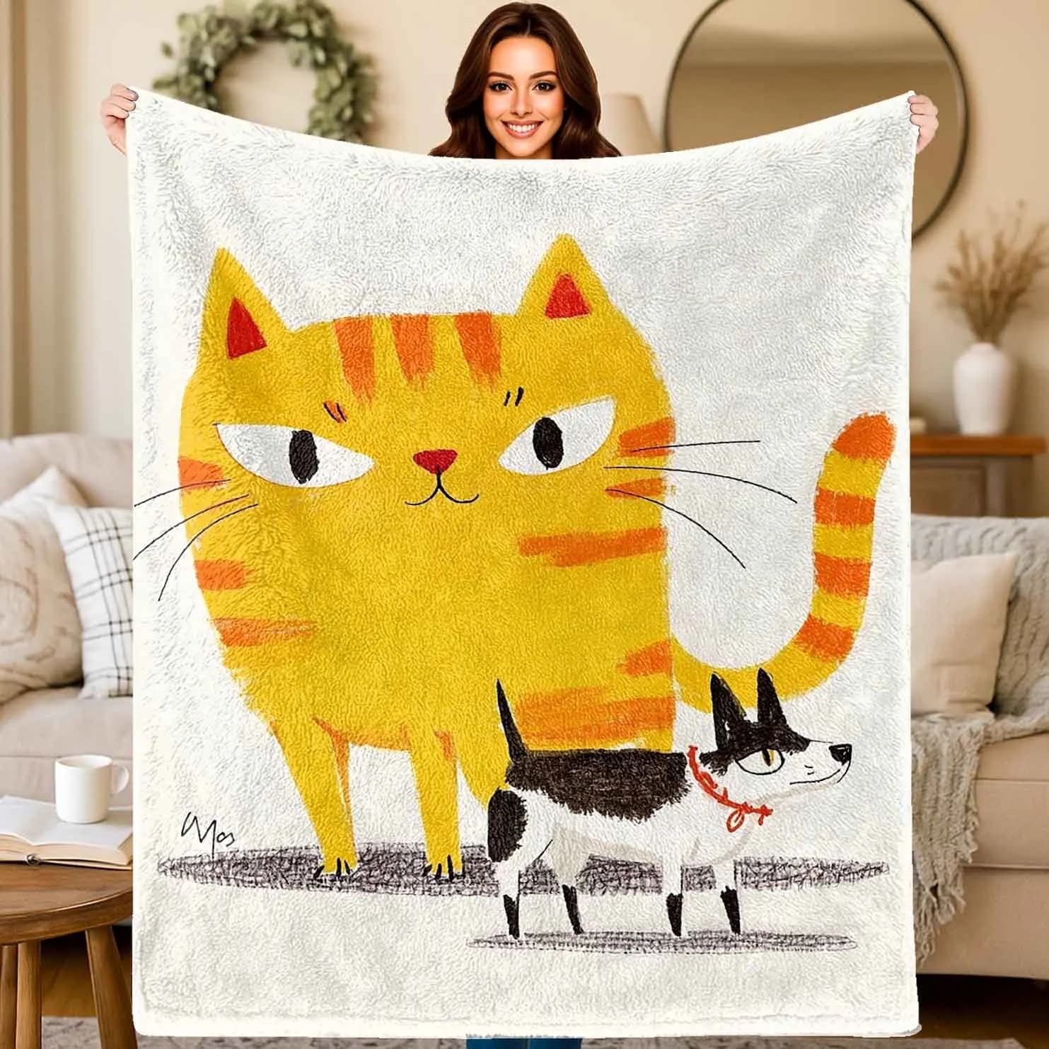 Modelli di gatti e cani cartoni animati Coperta stampata in flanella adatta a tutte le stagioni adatta per divano da ufficio e viaggi nel soggiorno