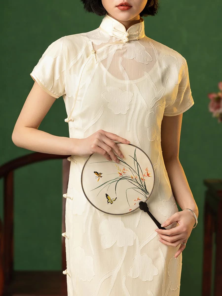 Elegant Long Silk Backless Pure Color Traditional Chinese Style Women's High Slit Daily Wear Short Sleeve Dress