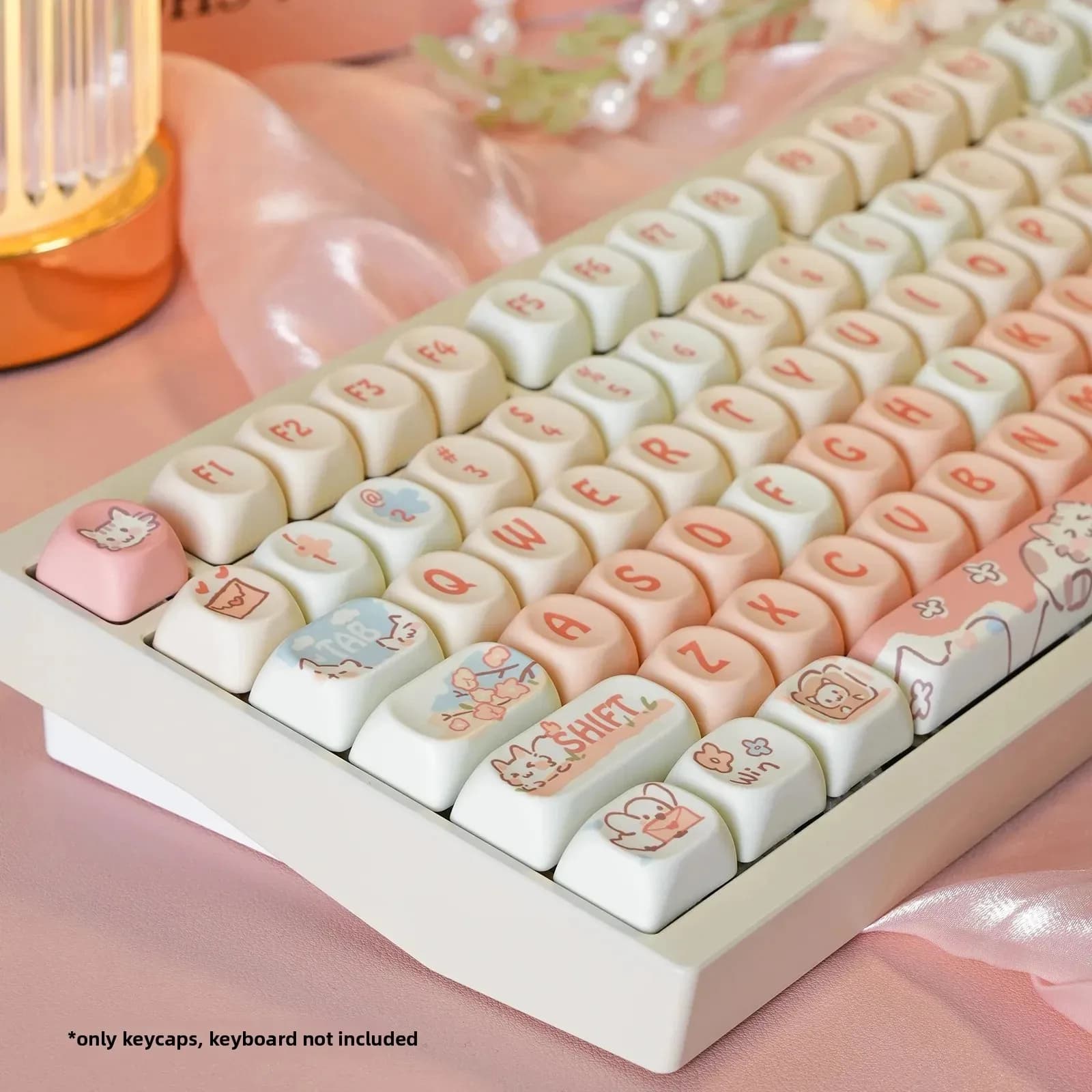 Set Completo di Tasti per Tastiera Meccanica 75 98, Altezza MOA, Bianco, Rosa Chiaro, Tappetino per Tasti Colorato