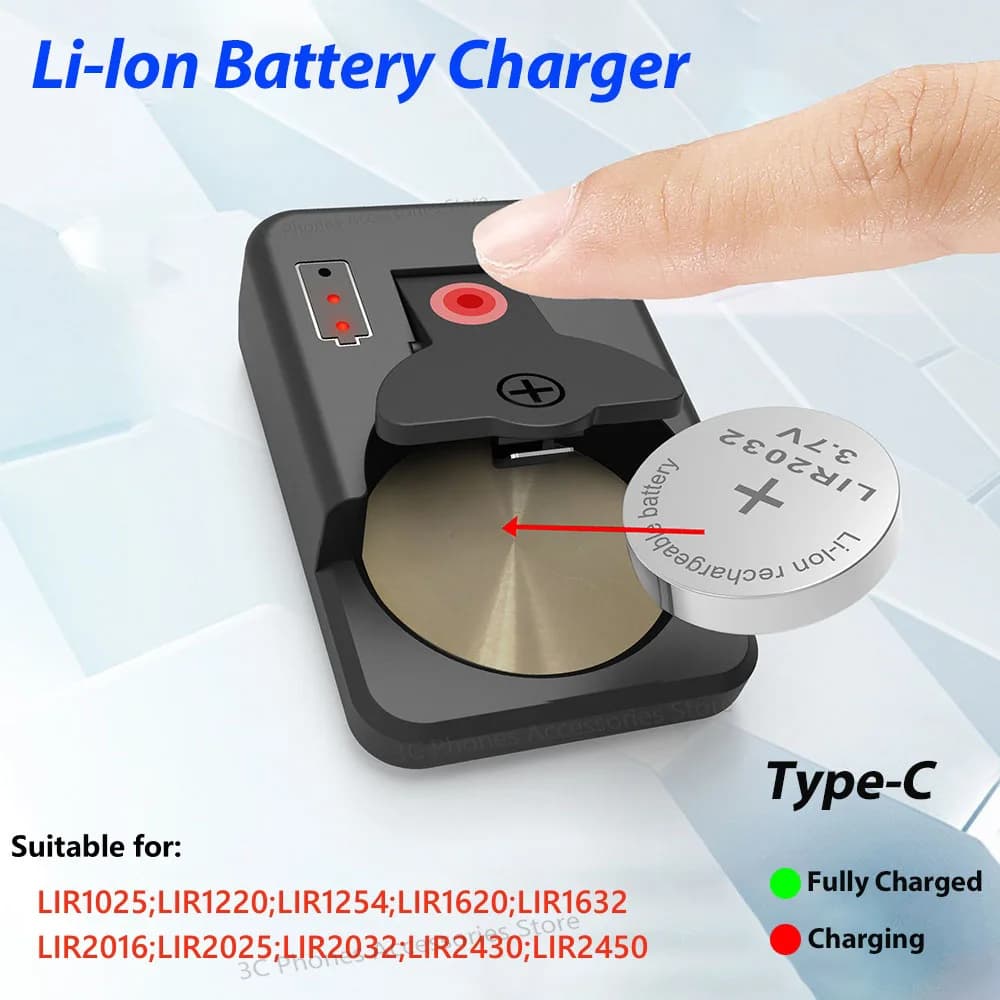 Caricabatteria ricaricabile Li-lon per batterie al litio LIR1025/1220/1254/1620/1632/2016/2025/2032/2430/2450 tipo C carica