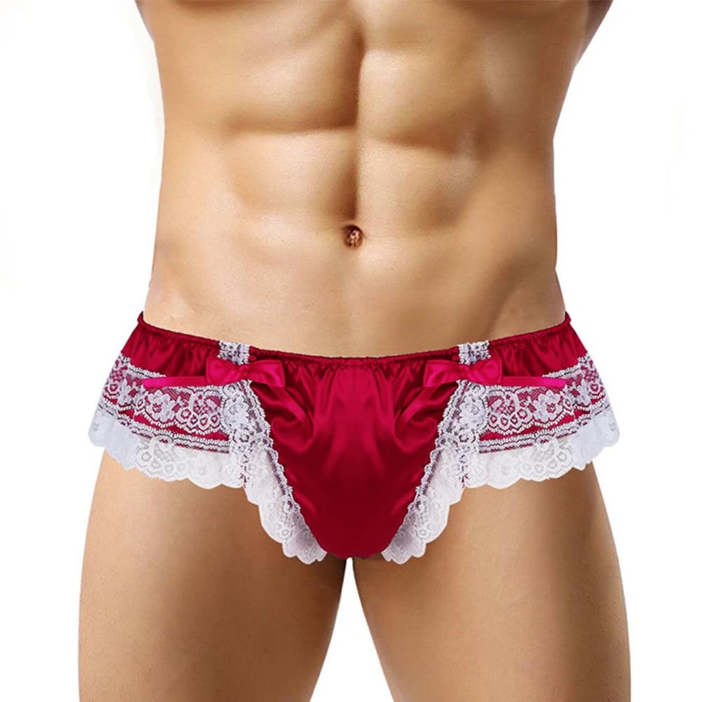 1pc Mens Sissy Lace Bow Lingerie Panties Sexy Satin Silky Pouch G-Strings Thongs T-back Briefs Underwear