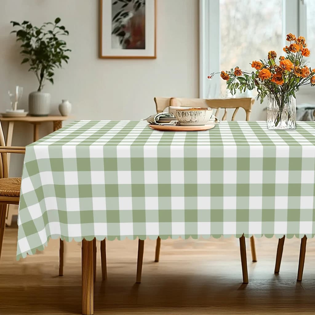 1 pezzo di tovaglia rotonda scozzese fresca, disponibile in varie dimensioni, tovaglia rotonda classica con stampa scozzese in verde chiaro e bianco, lavorazione artigianale con bordo in rilievo, stile semplice e rinfrescante, adatta per l'uso quotidiano nella cucina della famiglia, decorazione della casa, decorazione primaverile