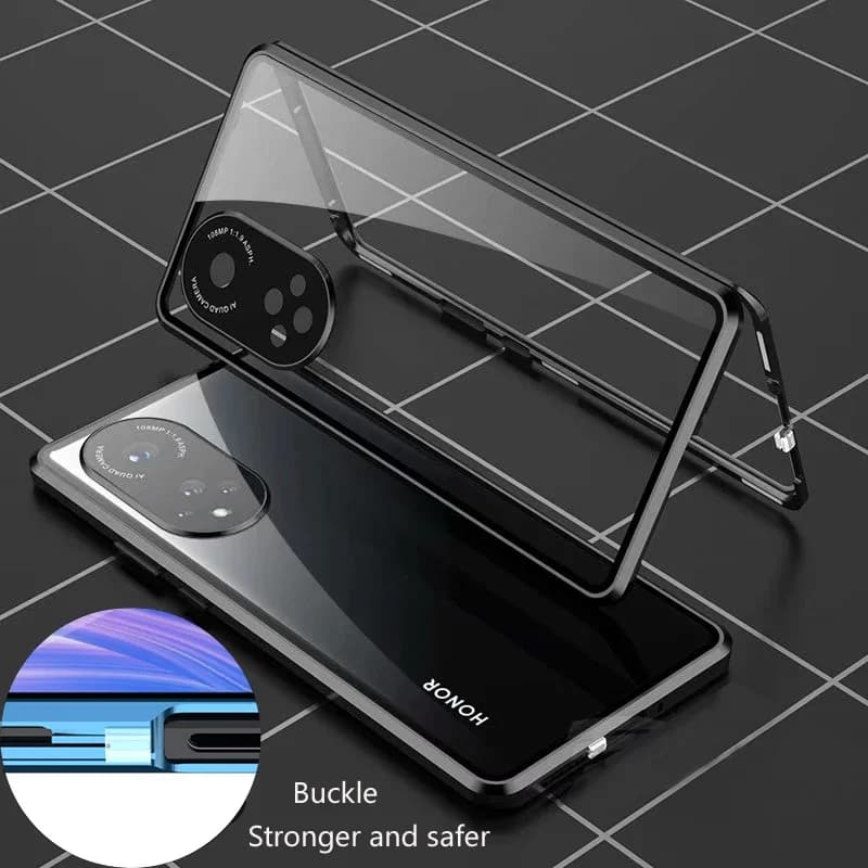 Custodia Magnetica in Metallo con Vetro Temperato Doppio Lato per Honor 400 200 Smart 50 70 Pro Plus 90 Lite, Protezione Completa per Obiettivo