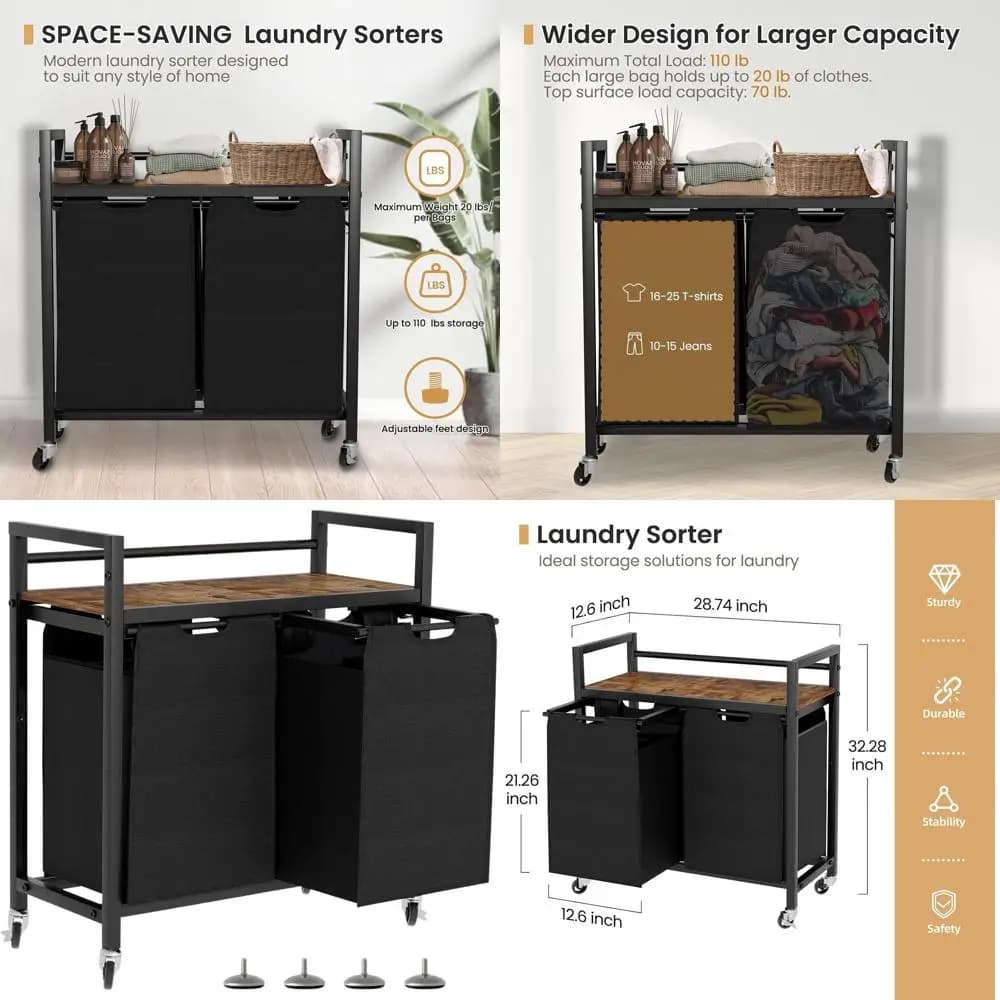 Double compartment with Wheel for Home, Suitable for Laundry, Bathroom and Bedroom (Black)