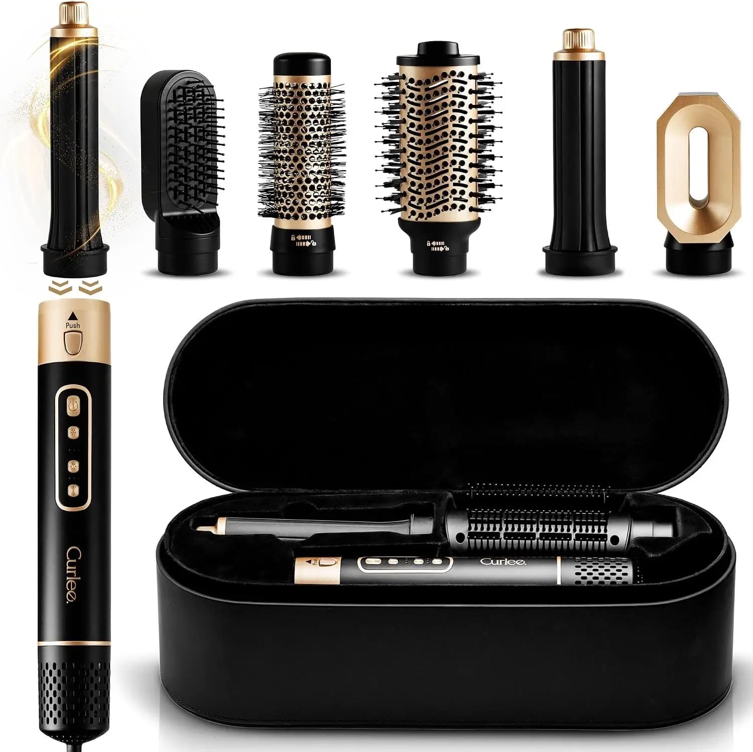 6 in 1 Hair Dryer Brush 1200W Hot Air Styler with Leather Box, Blow Dryer Volumizer Curling Iron Straightener for Smoothing Volumizing Curling Black