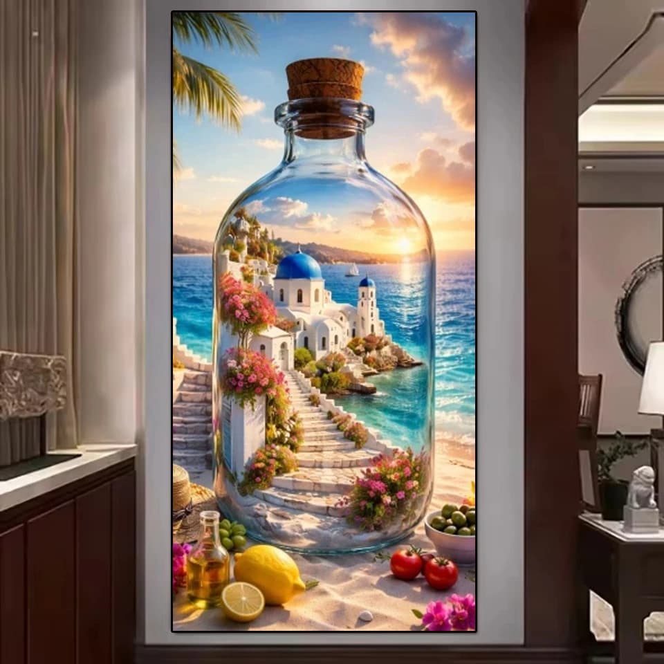 5D DIY Diamond Painting 2026 Full Diamond Mosaic Santorini in a Bottle Artwork Diamond Embroidery Kit Rhinestone Home Decor Gi