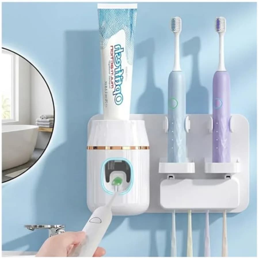 Portaspazzolini da parete con dispenser automatico di dentifricio, senza foratura, organizer da bagno bianco