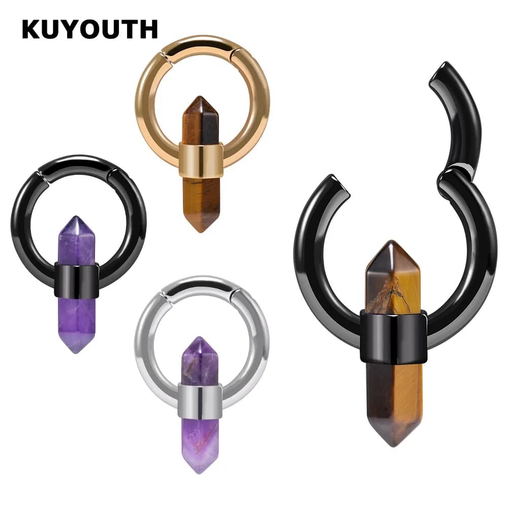 KUYOUTH Latest Stainless Steel Amethyst Tiger Eye Stone Pillar Magnet Ear Weight Gauges Jewelry Earring Piercing Stretchers 2PCS