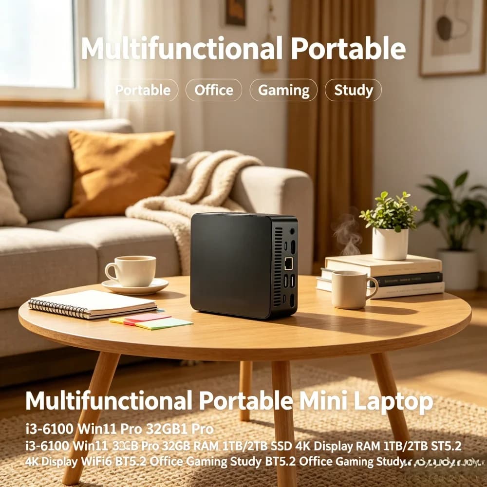 Portable Mini Laptop i3-6100 Win11 Pro 32GB RAM Large SSD 4K Screen WiFi6 BT5.2 All-round Office Game Study Notebook