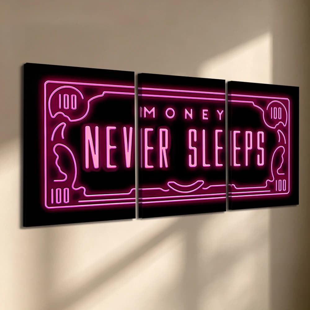 Set di 3 Quadri su Tela con Cornice in Legno, Stampa con Citazione 'Money Never Sleeps' in Stile Neon, Decorazione per Soggiorno, Camera da Letto, Cucina, Ufficio, Casa