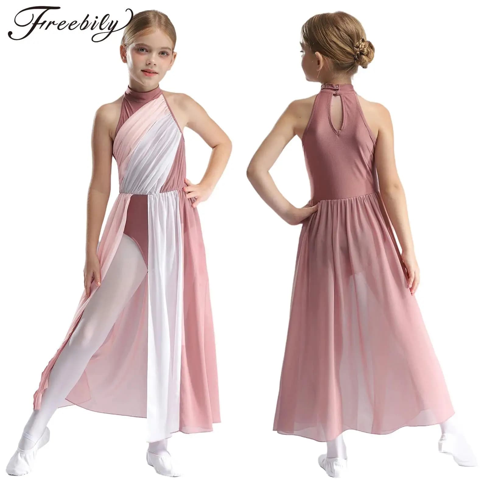 Costume da spettacolo di danza lirica moderna per bambine, abito lungo diviso a blocchi di colore senza maniche per ginnastica di balletto di pattinaggio di figura