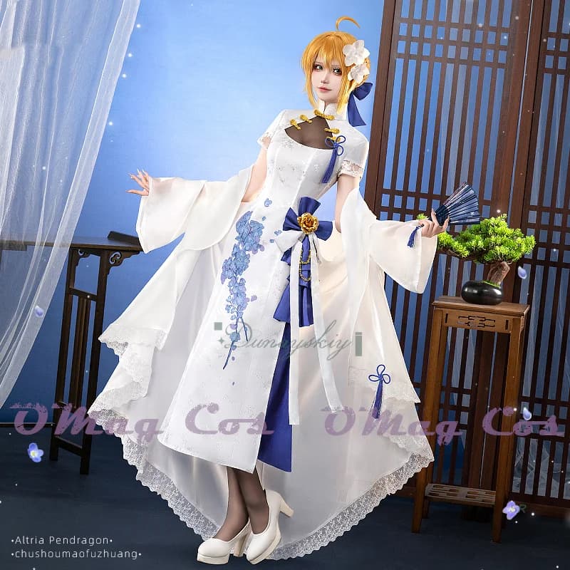 Fate/stay Night Altria Pendragon Saber Cosplay Quarto anniversario Cheongsam Parrucca scialle bianco Halloween