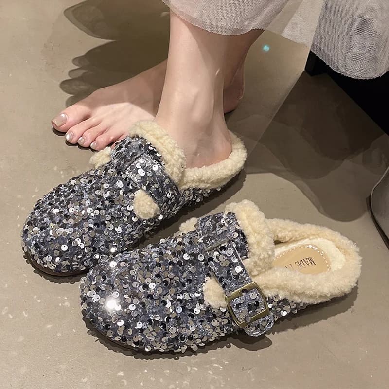 Bling Pantofole da donna Appartamenti Casual Ciabatte Scarpe di lusso Moda Scarpe di cotone 2025 Inverno Nuova casa Infradito Abito accogliente Mujer Zapatos
