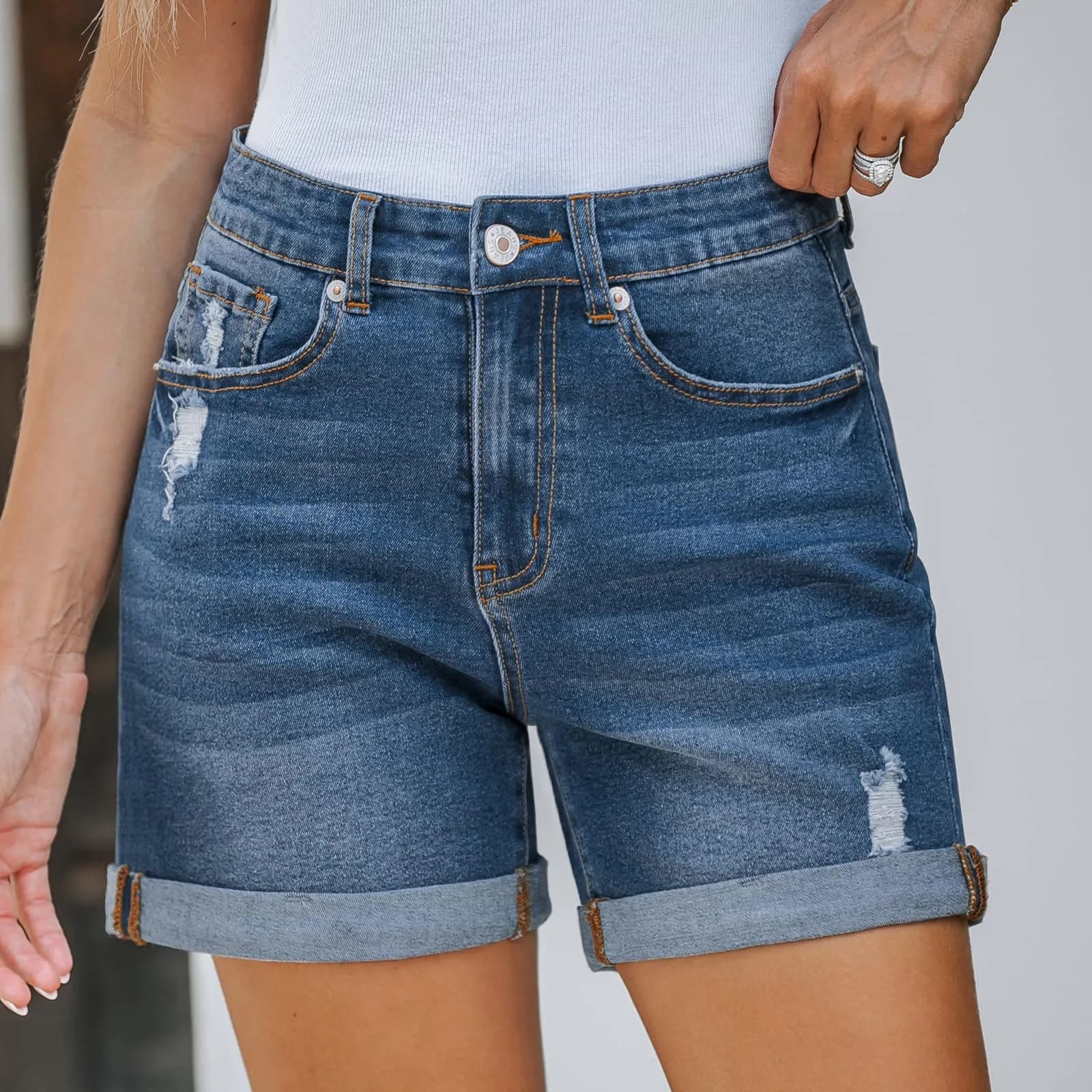 Jeans Women's Streetwear Denim Straight Bottoni Jeans Stacked Pockets Solid Waist High Lady Shorts Elegant Skinny