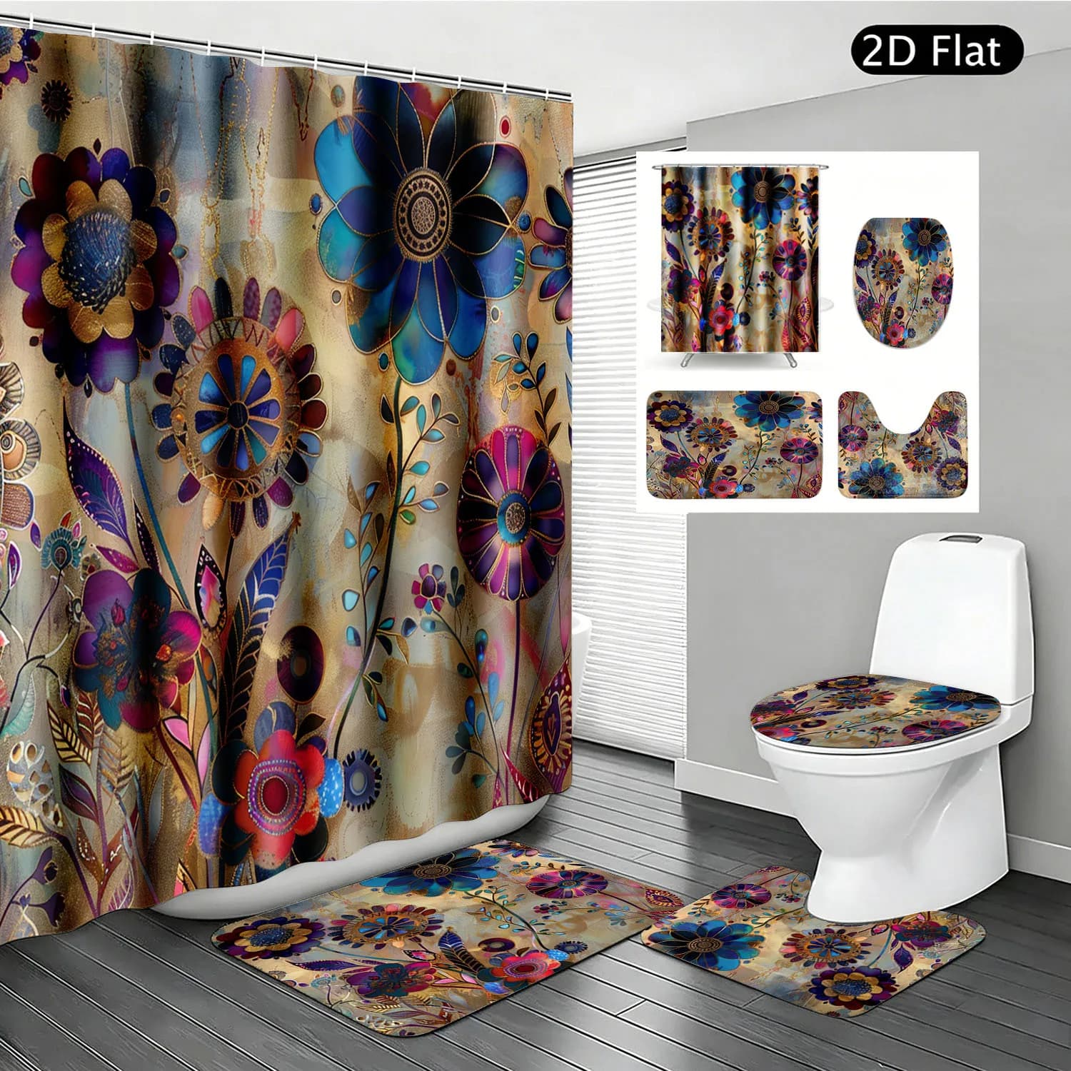4pcs Vibrant Abstract Flowers Shower Curtain Set, Decorative Boho Bathroom Decor, Durable Floor Mat, U-shape Rug, Toilet Lid Cover