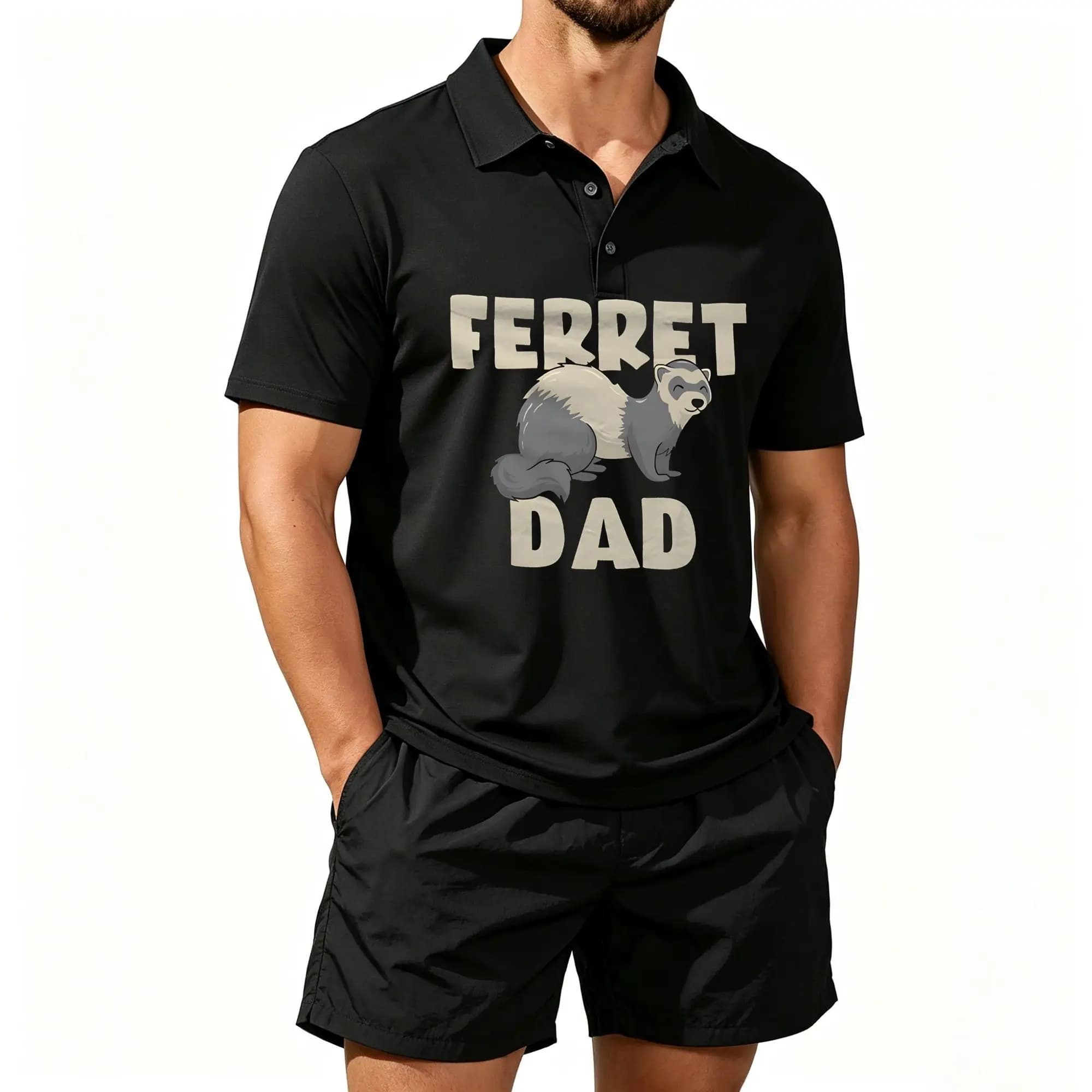 Men's Polo Shirt and Beach Shorts Two-Piece Set with Fun Ferret Animal Print, Casual and Versatile, Comfortable to Wear, and Well-Tailored