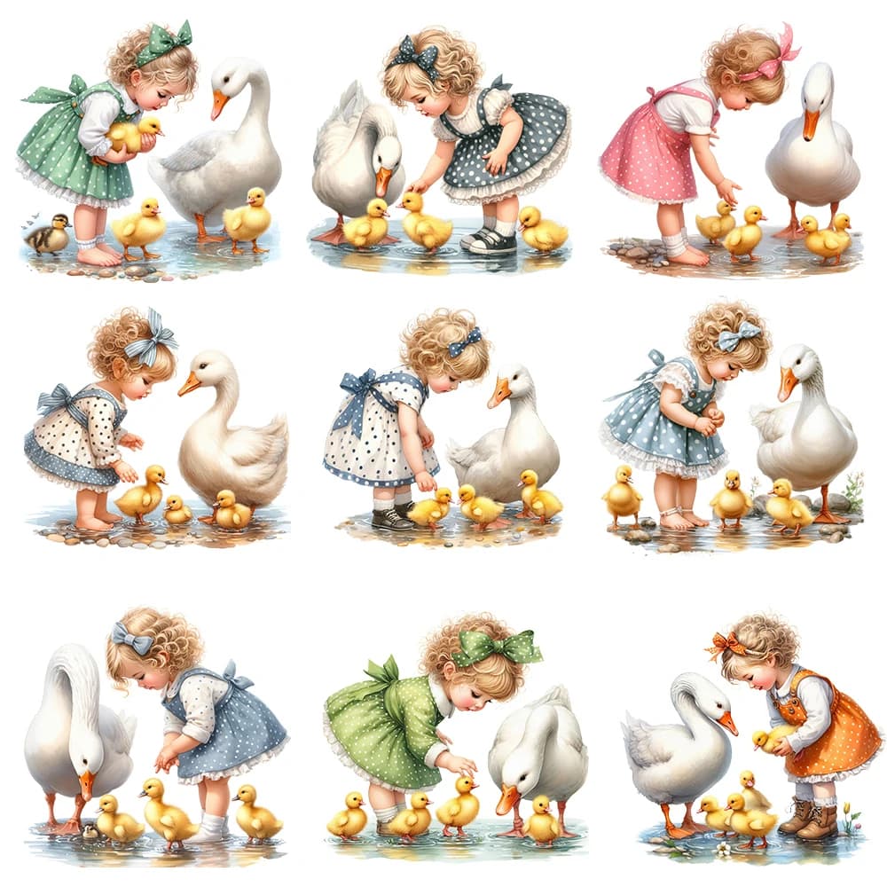 20cm Cartoon Rural Style Girl Goose Animal Iron On Heat Transfer Sticker per vestiti Pinted Vinyl Thermal Washable t-shirt Decal