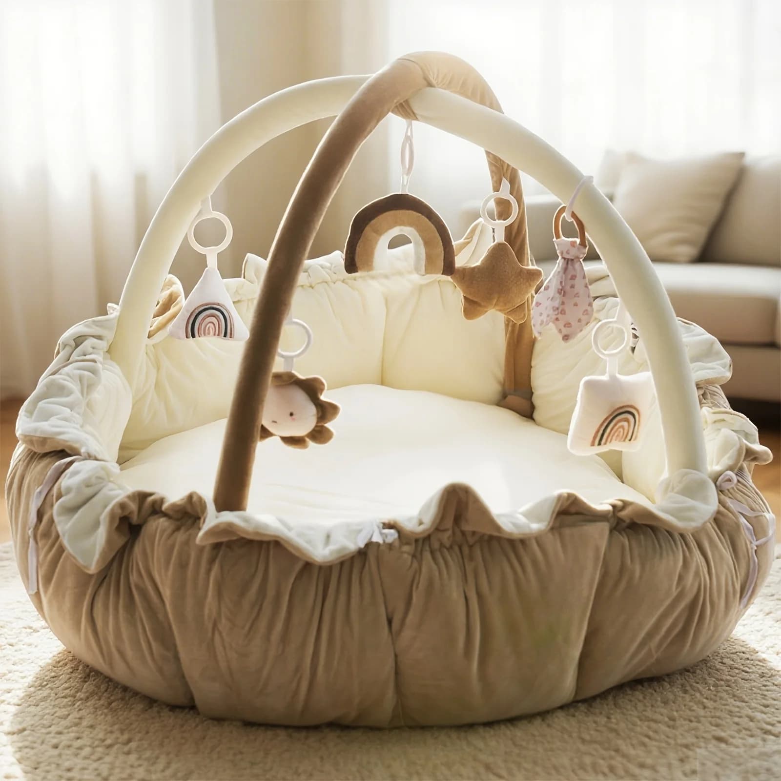 Cuccia per Gatti, Cuccia per Cani, Tappetino 5-in-1 Spesso e Morbido con 6 Giocattoli, Tappetini per Pavimento, Tappetino per Tummy Time, Tappetino Convertibile per lo Sviluppo a Fasi, Ba