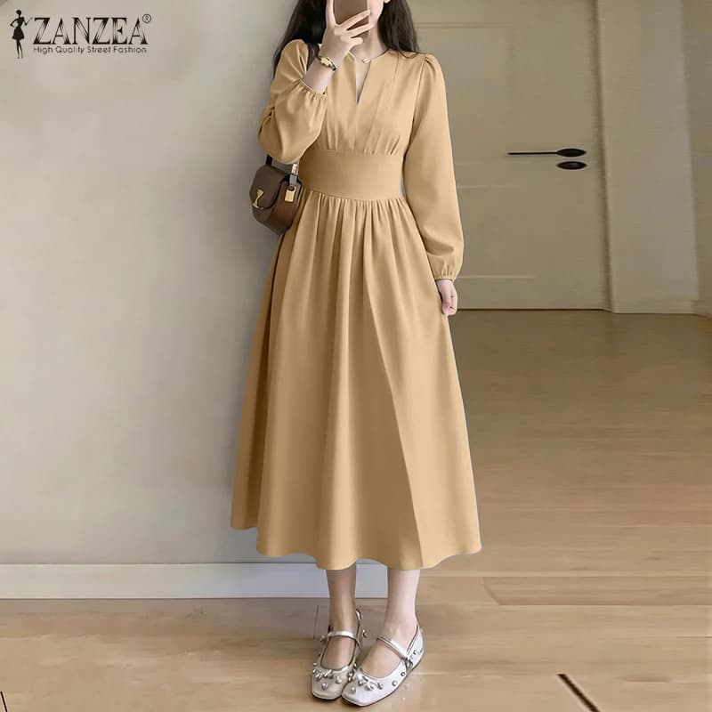 2026 ZANZEA Women Elegant V-neck Long Sleeved Summer Dress Solid Spring A Line of Elegant Party Life Dresses Office Workwear