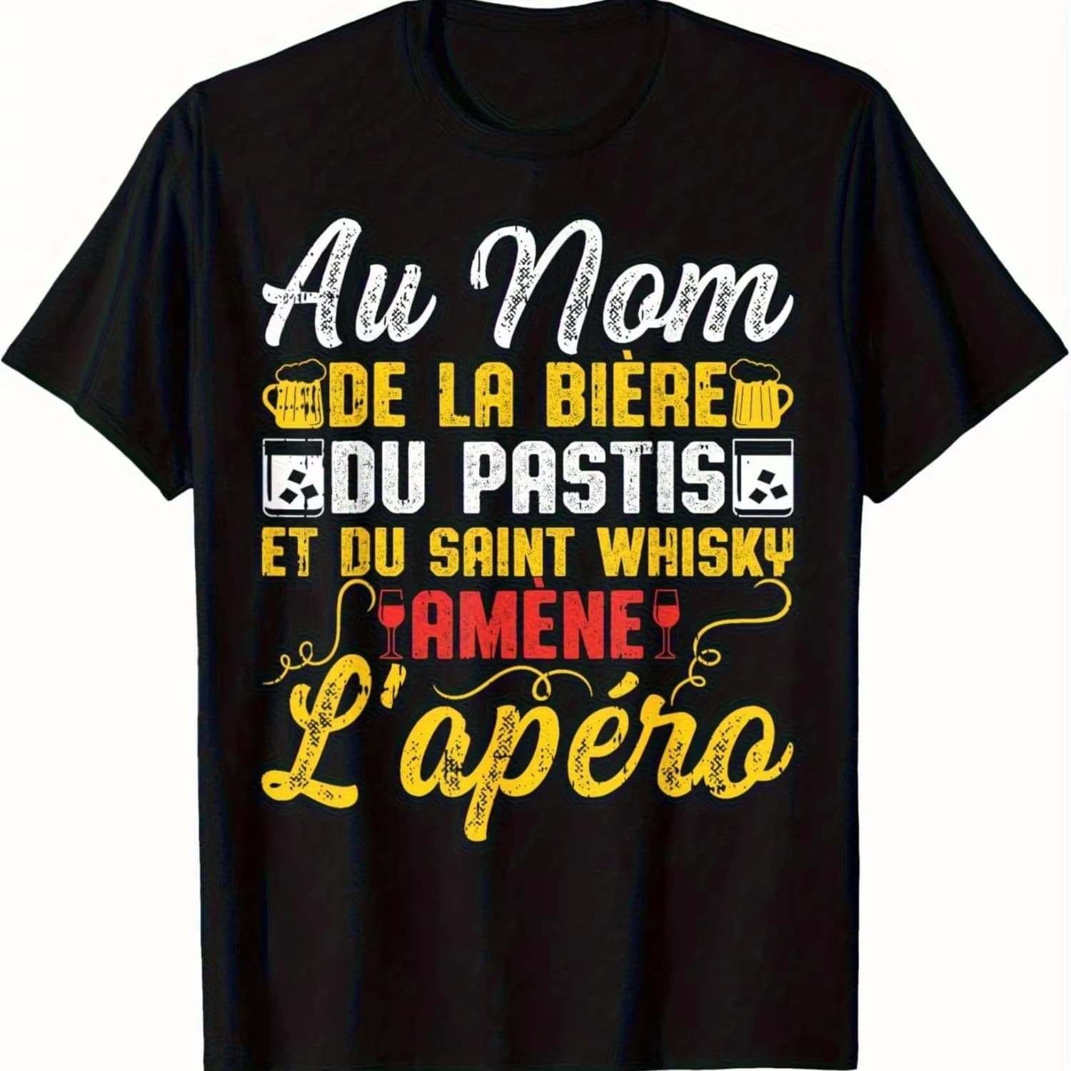 Divertente T-Shirt Francese con Birra e Pastis per Uomo, Maglietta Nera con Grafica 'Au Nom De La Biere Et Du Pastis' e Boccale di Birra