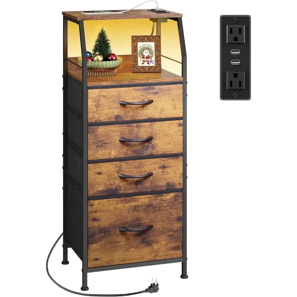 Comodino da camera da letto 37H con stazione di ricarica e luce LED, comodino alto, tavolino da letto, tavolino con porte USB e presa di corrente