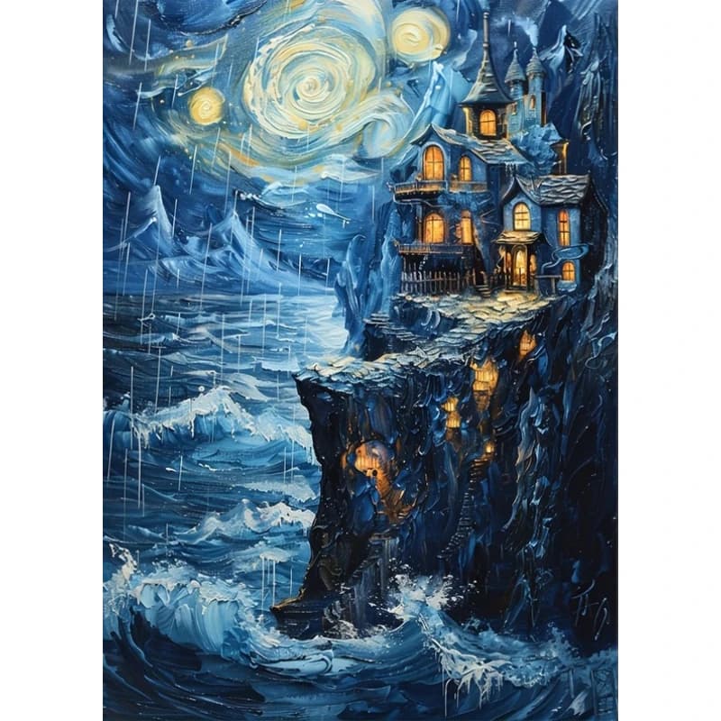 Cliff House with Starry Sky At Night Diamond Painting Raging Sea Scenery Diamond Painting Blue Wall Art Picture Room Home Dec