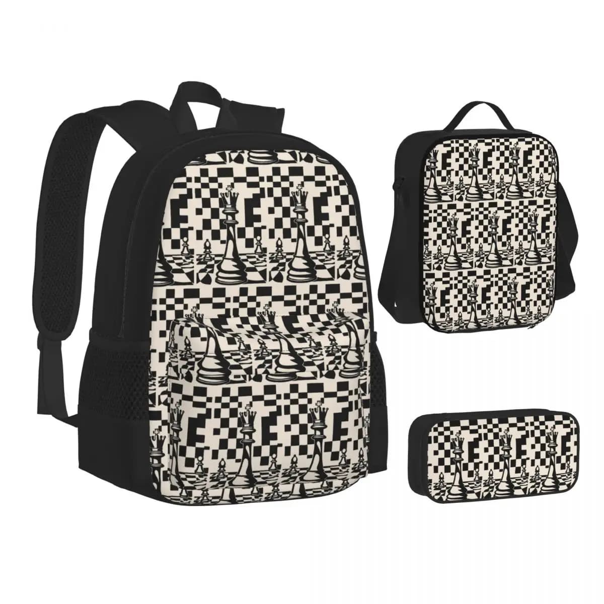 Chess Pieces On Board Backpacks Students Bookbag School Bags Kids Rucksack Lunch Bag Pen Bag Three-Piece Set