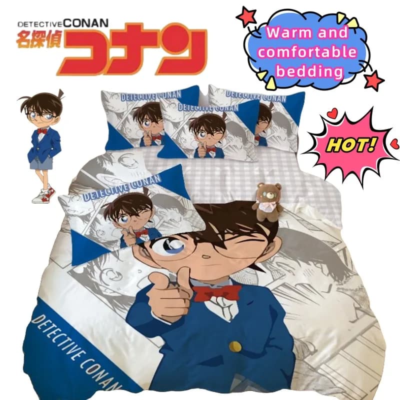 Conan Edogawa New set of comfortable and creative bed linen Set of four pieces Cartoon cover Bed linen Sleeping bed for students Set of three pieces