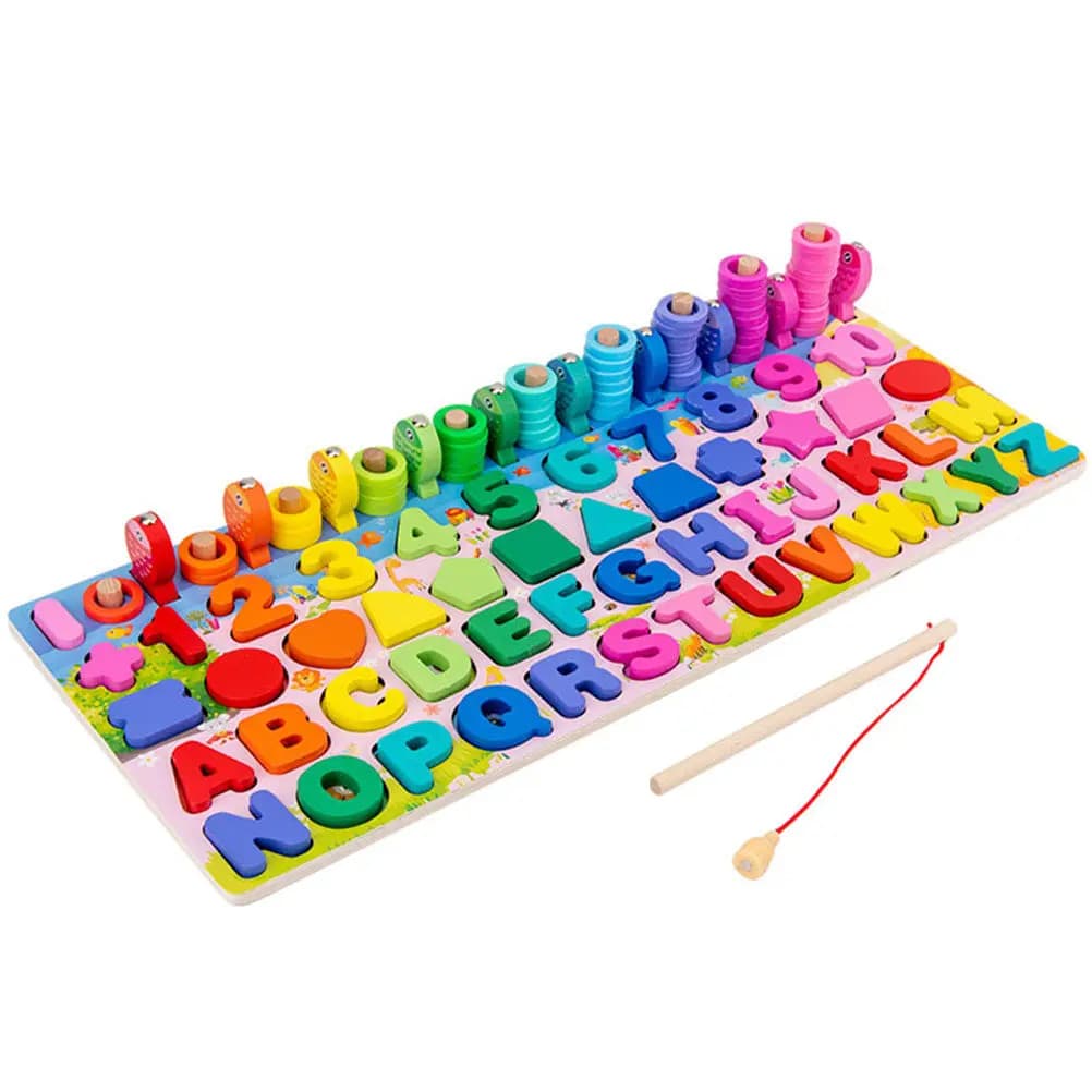 Set di Blocchi di Legno per Bambini, Gioco Educativo per l'Apprendimento Precoce, Cattura Pesci, Riconoscimento Numeri, Logaritmico