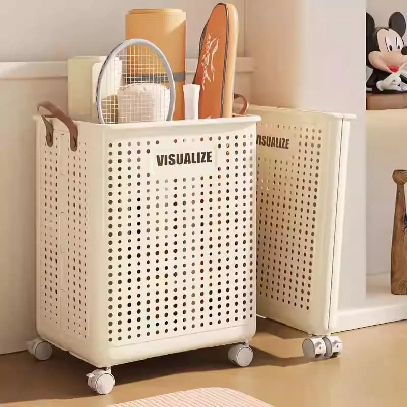 Fitness equipment storage basket folding plastic storage yoga mat finishing basket with pulley household large-capacity storage