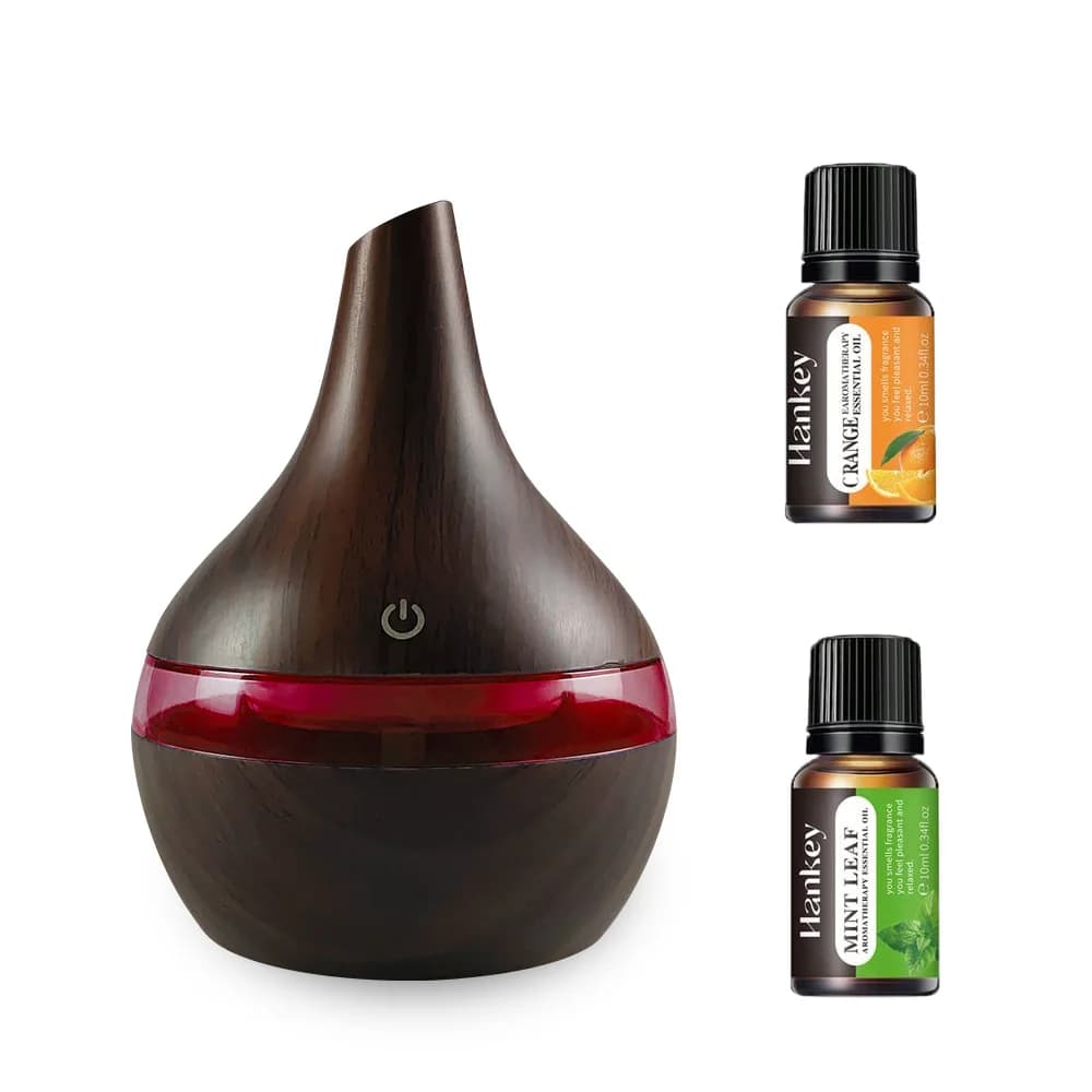 Umidificatore USB con venature del legno da 300 ml e diffusore di aromi, nebbia fredda, funzionamento silenzioso, include 2 oli essenziali