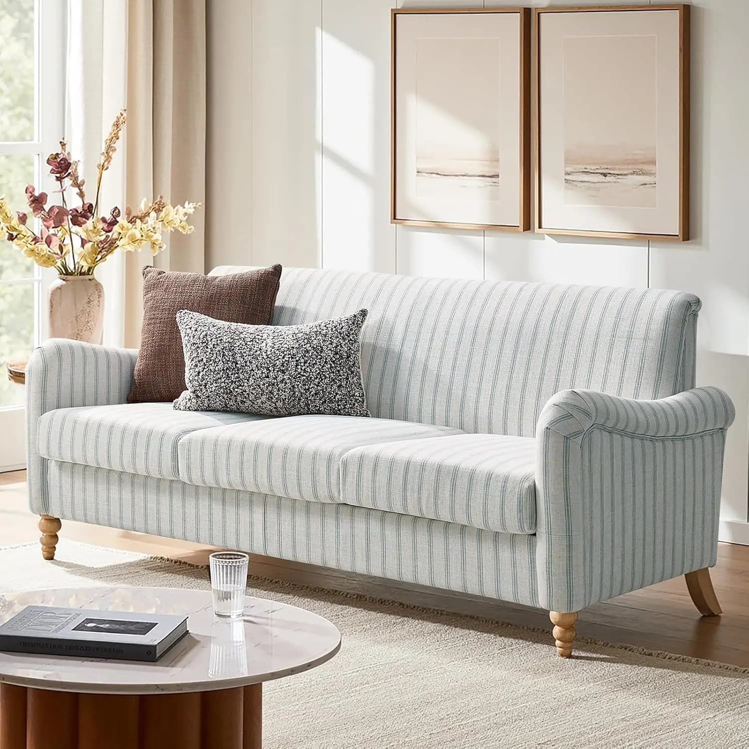 Curved Stripe 3 Seater Sofa Solid Wood Spindle Legs Rolled Armrests Upholstered Living Room Bedroom Furniture,Customized